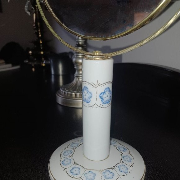 Unusual MCM Vintage StandingTable Mirror, Two Sided, Blue Flowers, Gold Trim - Picture 2 of 6